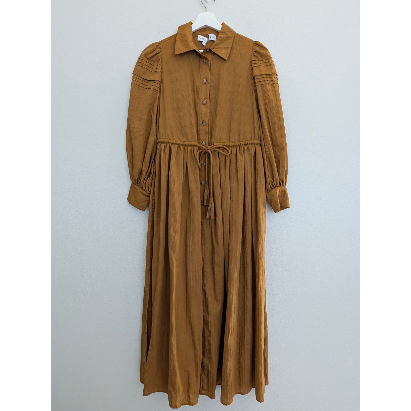 Hunter Bell Euc Button Front Midi Dress Tassel Waist Size Small Mustard Brown — image 2 of 6